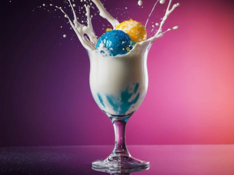 Colorfull ice-cream in glass. Milk splashing. Poppy colors