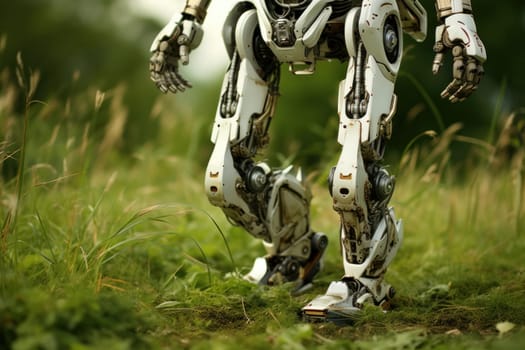 Person cyborg art walking on grass. Fashion future. Generate AI