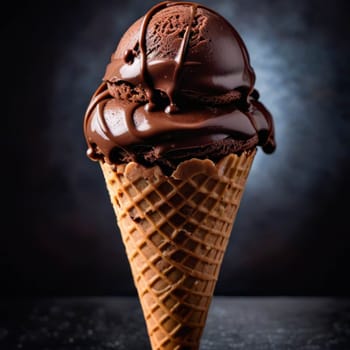 Chocolate Ice-cream in cone standing on the table. Closeup, isolated, deep black