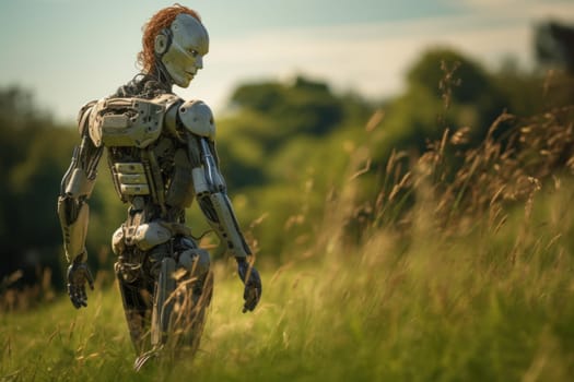 Futuristic Person cyborg art walking on grass. Fashion future. Generate AI