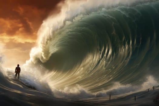 Melancholic Alone person wave. People rain water. Generate Ai