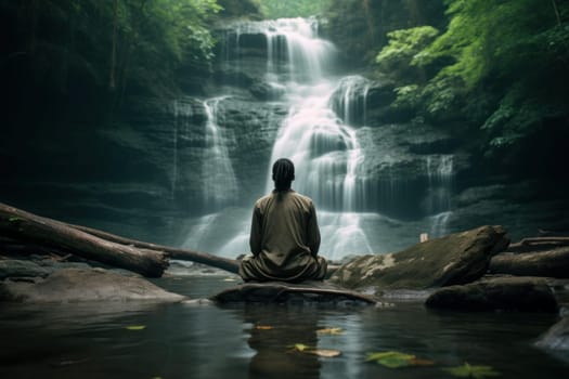 Serene Person meditation waterfall. Summer travel. Generate Ai