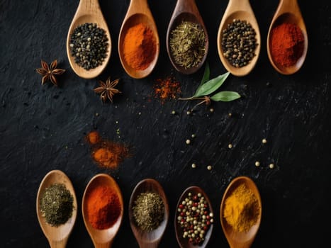 Various colorfull spices in spoons. Decorative. Colorfull image