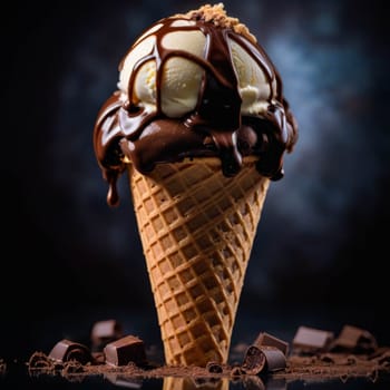 Chocolate Ice-cream in cone standing on the table. Closeup, isolated, deep black