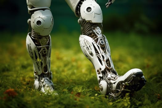 Majestic Person cyborg art walking on grass. Fashion future. Generate AI
