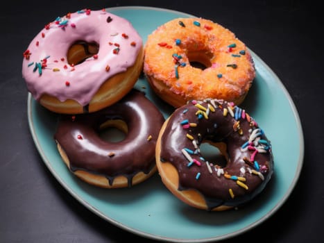 Chocolate donuts on the table. Colorful with sweets and candies