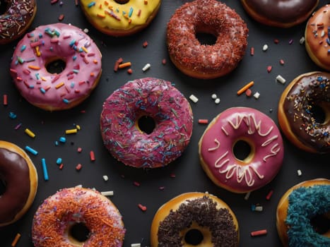 Assorted donuts with chocolate frosted, pink glazed and sprinkles donuts. Sweets scatered on the table