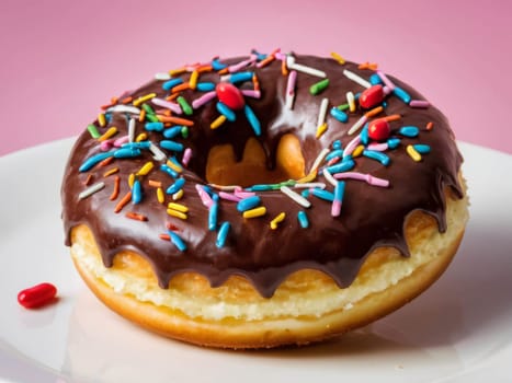 Chocolate donuts on the table. Colorful with sweets and candies