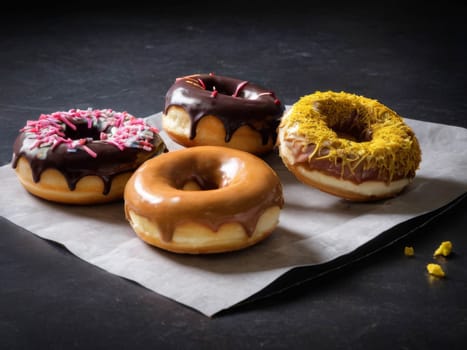 Chocolate donuts on the table. Colorful with sweets and candies