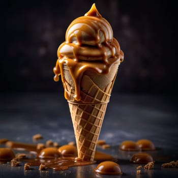 Caramel ice-cream in cone standing on the table. Caramel scattered on the table