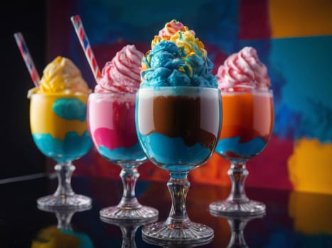 Colorfull ice-cream in glass. Milk splashing. Poppy colors