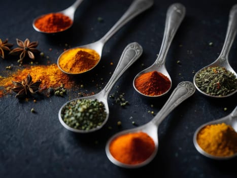 Various colorfull spices in spoons. Decorative. Colorfull image