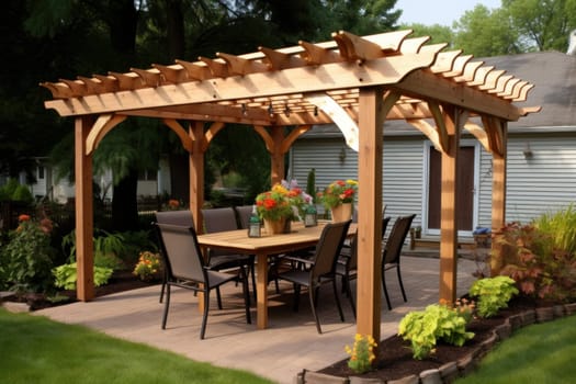 Rustic Pergola wood lake gazebo. Natural wooden. Generate AI