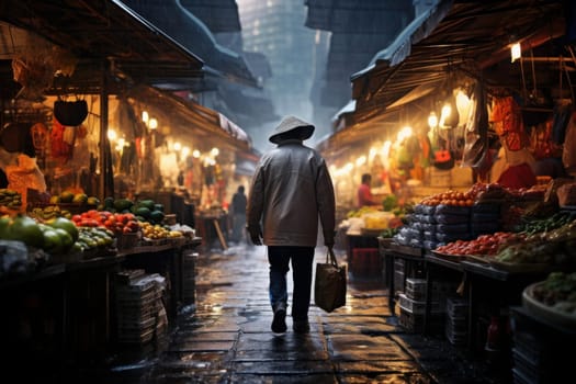 Busy Person walks market. Travel tourism. Generate Ai