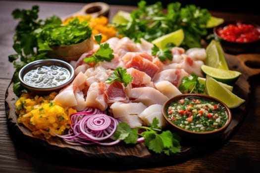 Tangy Peruvian ceviche platter. Citrusy seafood dish with marinated raw fish. Generate ai