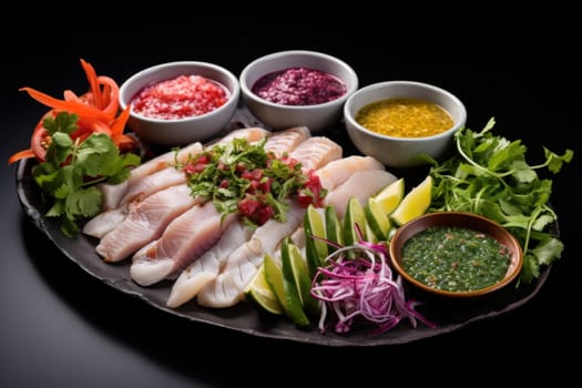 Peruvian ceviche platter. Citrusy seafood dish with marinated raw fish. Generate ai