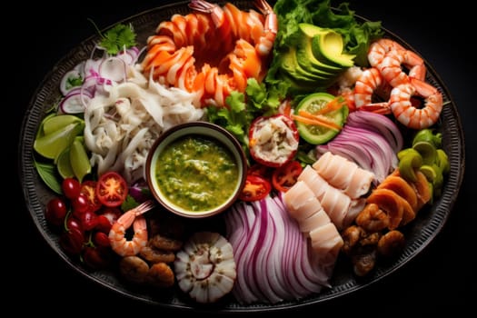Vibrant Peruvian ceviche platter. Citrusy seafood dish with marinated raw fish. Generate ai
