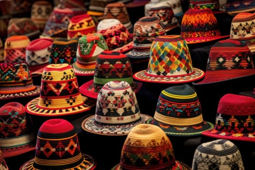 Traditional Peru colorful decorated hats. Brightly multicolored ceremonial festive headwear. Generate ai
