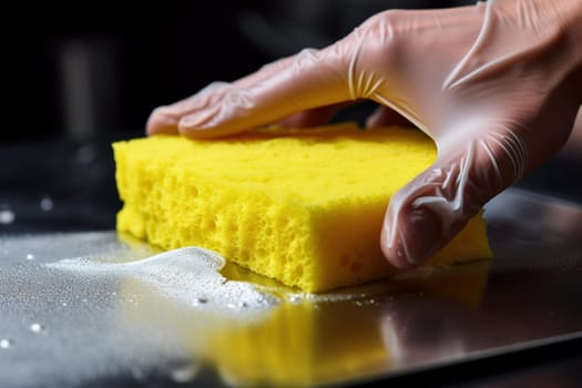 Hygienic Person use yellow sponge clean stainless. Domestic person wash home clean. Generate Ai