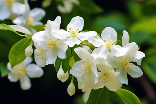 Exotic Philadelphia jasmine flowers. White blooming botanical floral fragrant plant. Generate ai