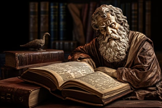 Engrossed Philosopher read book. Retro old person with mature face. Generate Ai