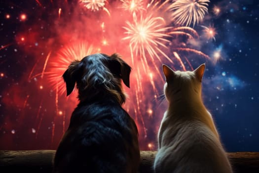 Dog cat fireworks. Canine pet. Generate Ai