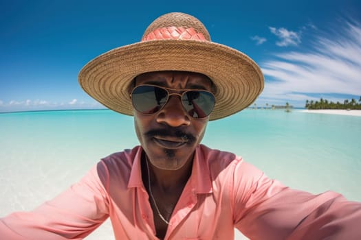 Photo selfie of Bahamian man with summer cap. Portrait of black man with tropical nature background. Generate ai