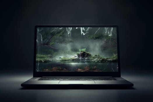 Illuminated Photo of open laptop screen on black surface. Modern digital notebook computer device. Generate ai