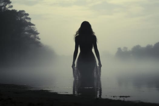 Captivating Photo woman fog face. Female dark light. Generate Ai