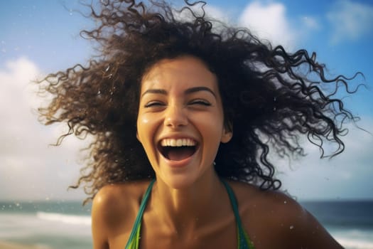 Cheerful Happy Brazilian girl in kindergarten. Playful little kid in positive mood. Generate ai