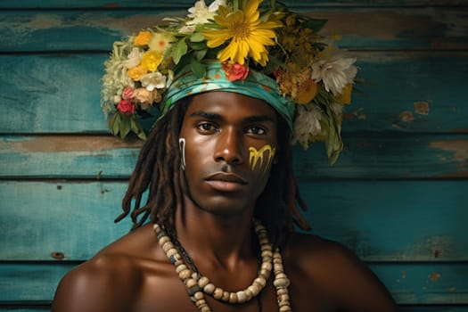 Serene Photo of Bahamian young male on exotic nature background. Black skinned guy portrait on tropical palms. Generate ai