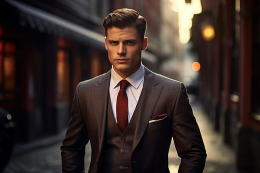 Cosmopolitan European fashion businessman street photo. Glasses suit modern style. Generate Ai