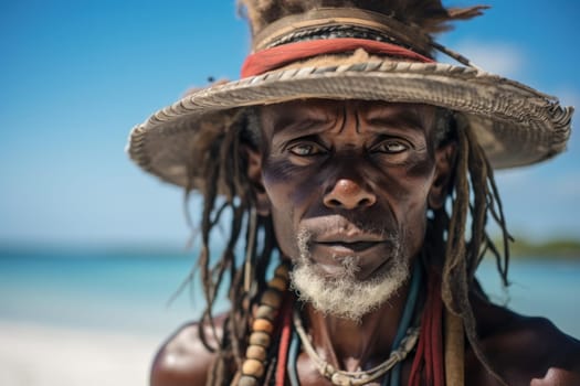 Photo of Bahamian young male on exotic nature background. Black skinned guy portrait on tropical palms. Generate ai