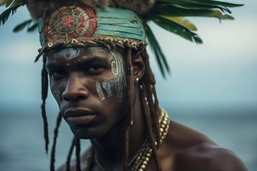 Authentic Photo of Bahamian young male on exotic nature background. Black skinned guy portrait on tropical palms. Generate ai