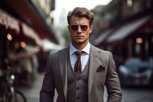 European fashion businessman street photo. Glasses suit modern style. Generate Ai