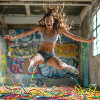 Woman in sportswear performs an airborne leap among colorful hoops