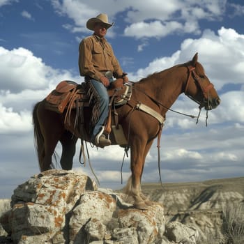 Confident cowboy sits astride a horse on a rocky outcrop under a vast sky