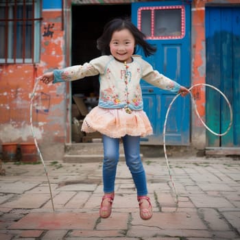 Young girl skipping rope with a joyful expression in a colorful setting