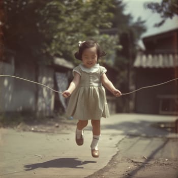Little girl in vintage dress playing with jump rope on a sunny day