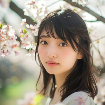 A youthful woman in a white kimono, cherry blossoms complementing her gentle look