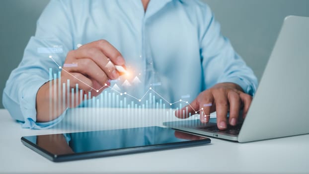 Stock market, Business growth, progress or success concept. Businessman or trader is showing a growing virtual hologram stock, invest in trading.