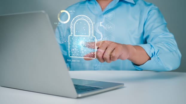 Businessman using computer secure encryption technology, cybersecurity privacy of data protection, security Internet access, security encryption of user private data, business confidentiality.