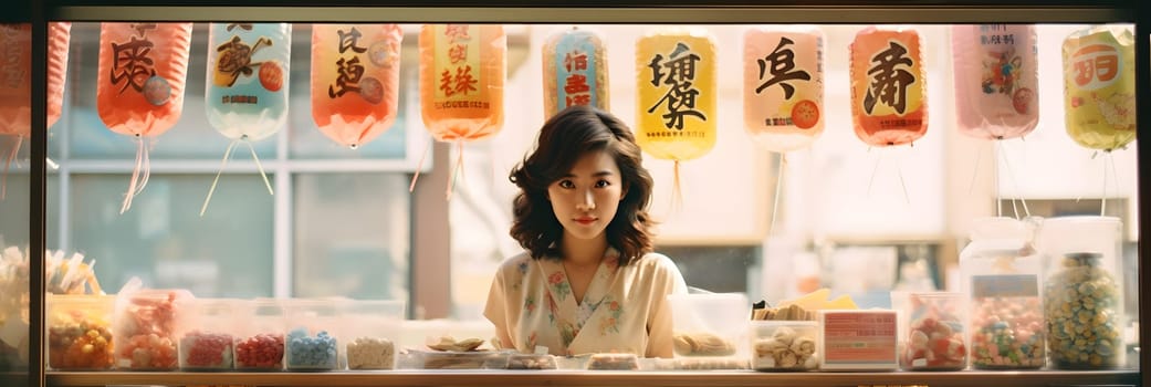 A young Japanese woman stands at a candy store bathed in soft sunlight, conveying warmth and comfort. It brings back memories of happy childhood times and can stimulate past Japanese culture.