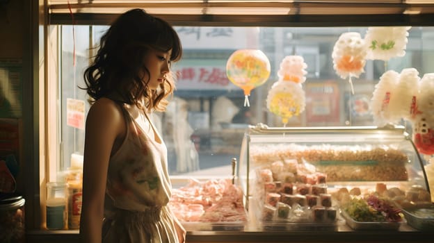 A young Japanese woman stands at a candy store bathed in soft sunlight, conveying warmth and comfort. It brings back memories of happy childhood times and can stimulate past Japanese culture.