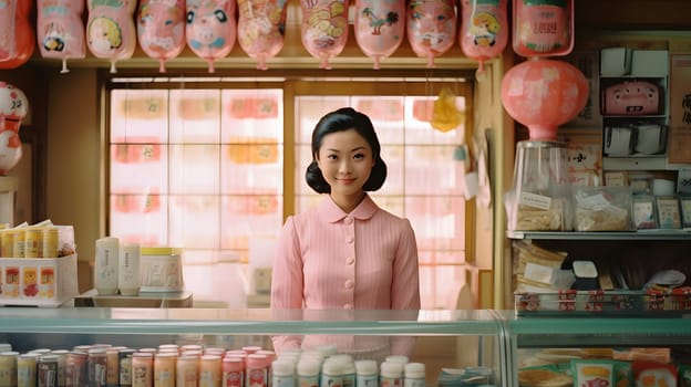 A young Japanese woman stands at a candy store bathed in soft sunlight, conveying warmth and comfort. It brings back memories of happy childhood times and can stimulate past Japanese culture.
