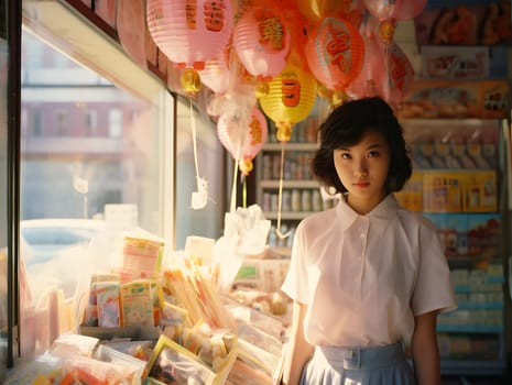A young Japanese woman stands at a candy store bathed in soft sunlight, conveying warmth and comfort. It brings back memories of happy childhood times and can stimulate past Japanese culture.