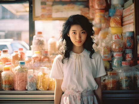 A young Japanese woman stands at a candy store bathed in soft sunlight, conveying warmth and comfort. It brings back memories of happy childhood times and can stimulate past Japanese culture.