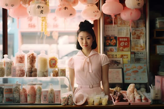 A young Japanese woman stands at a candy store bathed in soft sunlight, conveying warmth and comfort. It brings back memories of happy childhood times and can stimulate past Japanese culture.