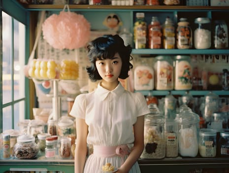 A young Japanese woman stands at a candy store bathed in soft sunlight, conveying warmth and comfort. It brings back memories of happy childhood times and can stimulate past Japanese culture.