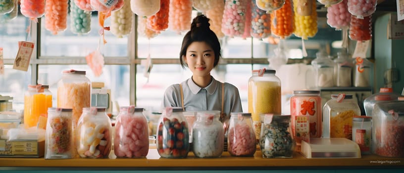 A young Japanese woman stands at a candy store bathed in soft sunlight, conveying warmth and comfort. It brings back memories of happy childhood times and can stimulate past Japanese culture.